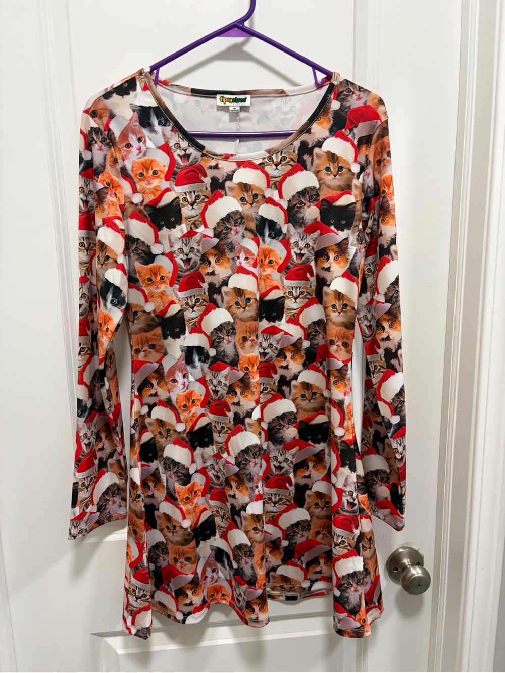 Tipsy elves Holiday Cat-Print Long Sleeve dress medium Santa